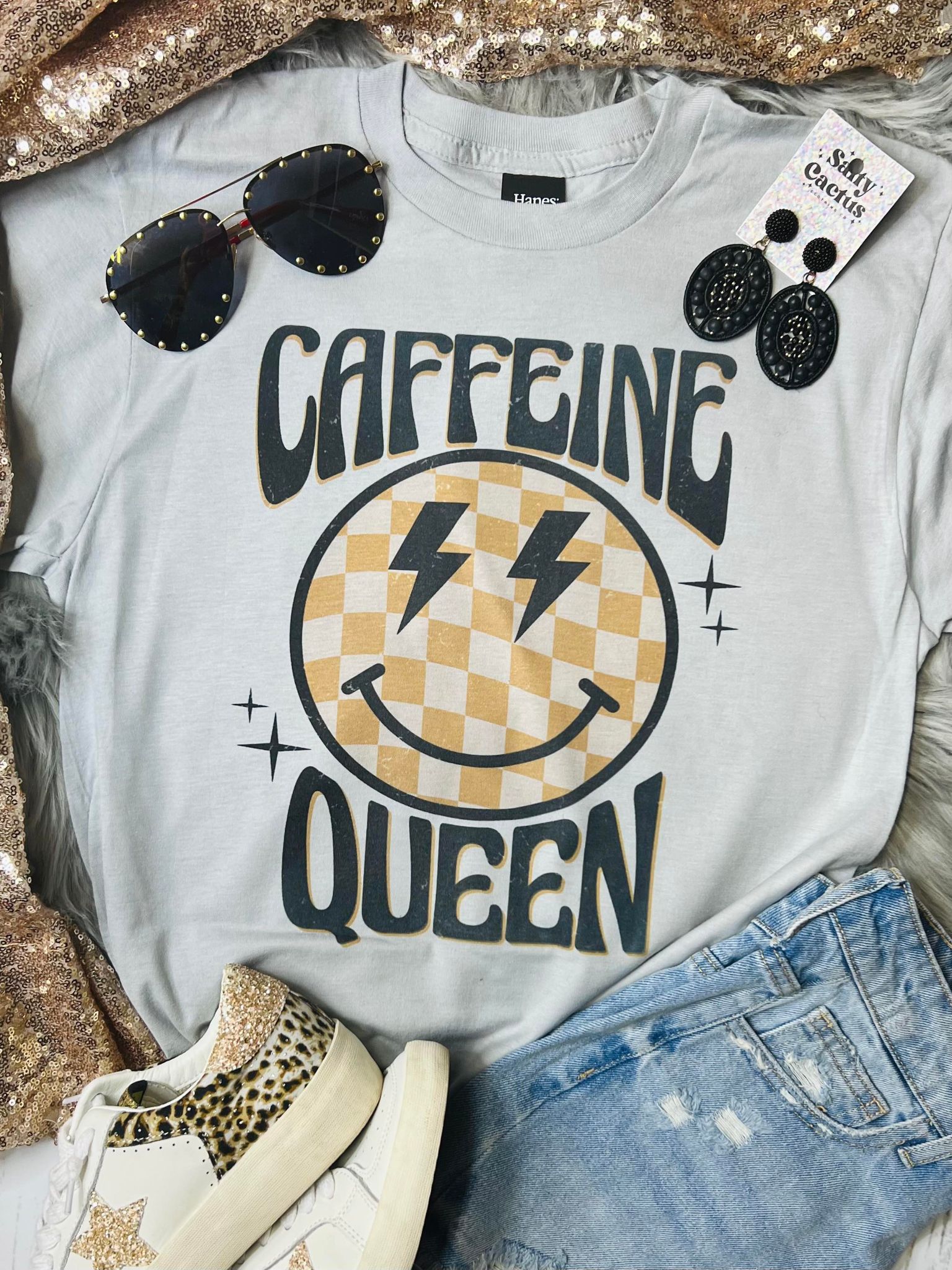 Caffeine Queen Checkered Stone Grey Tee