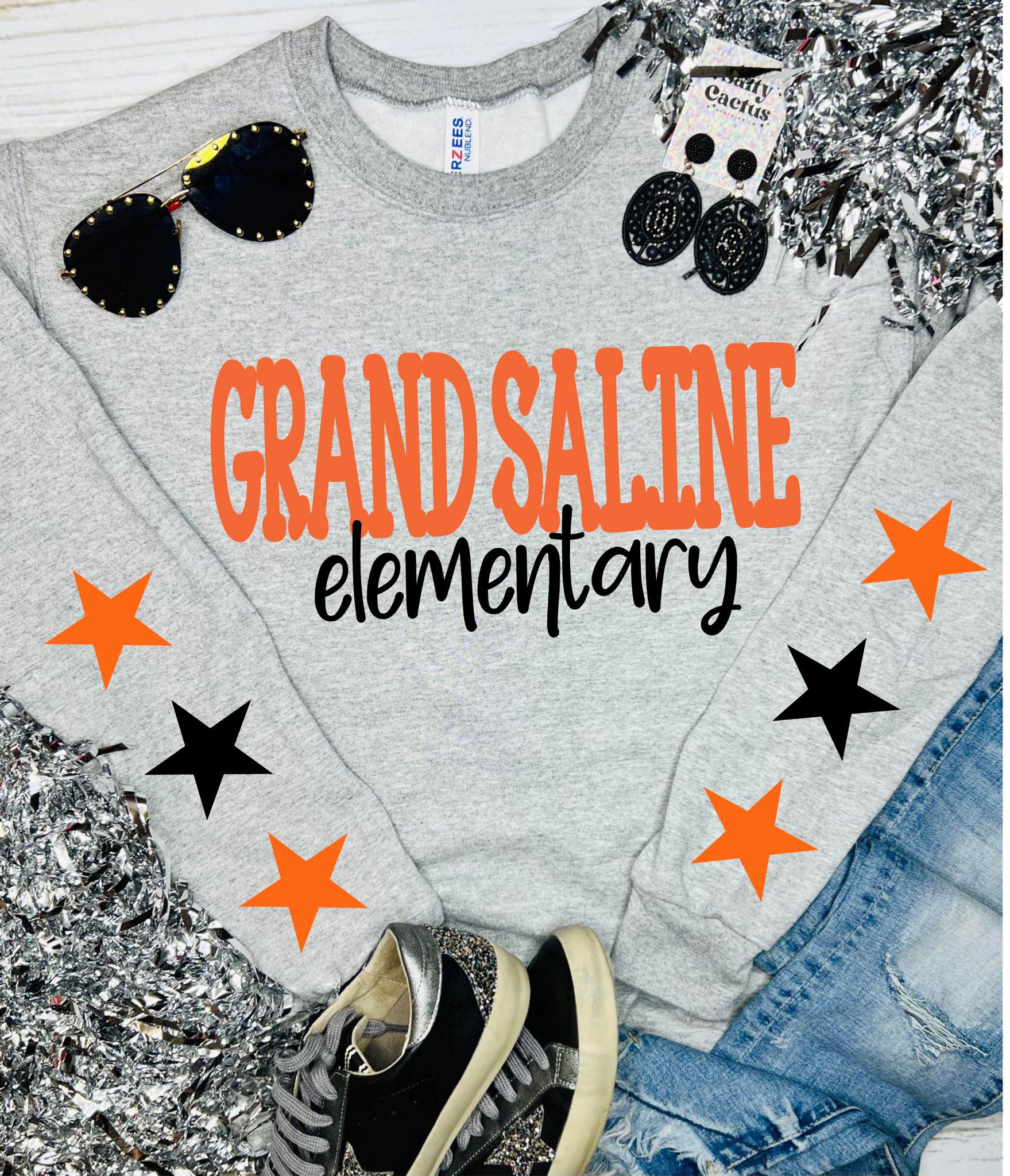 *DTG* Custom School Name & Grade with Star Patches Oxford Grey Sweatshirt