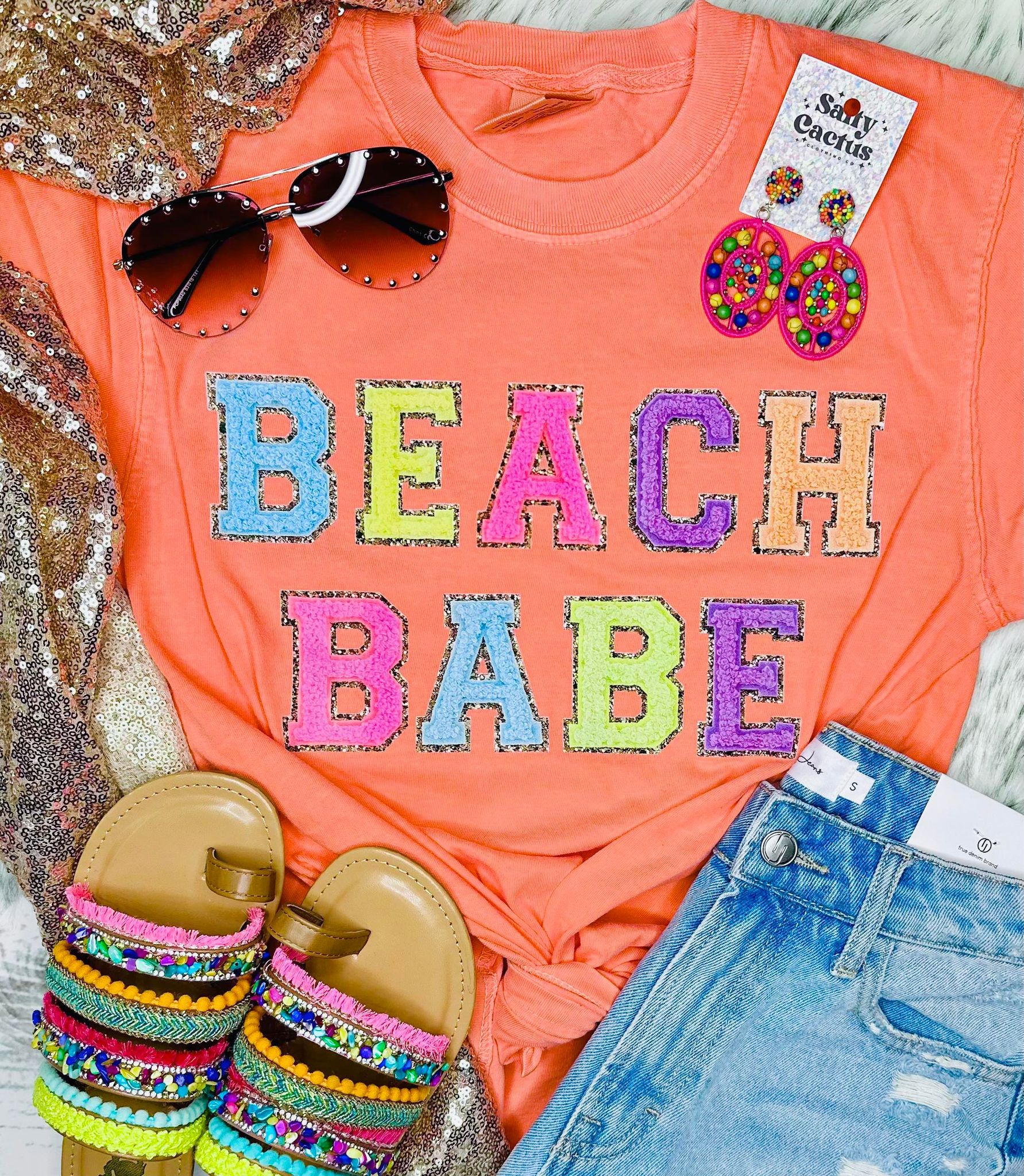 *DTG* Beach Babe Faux Chenille Letter Bright Salmon Comfort Color Tee