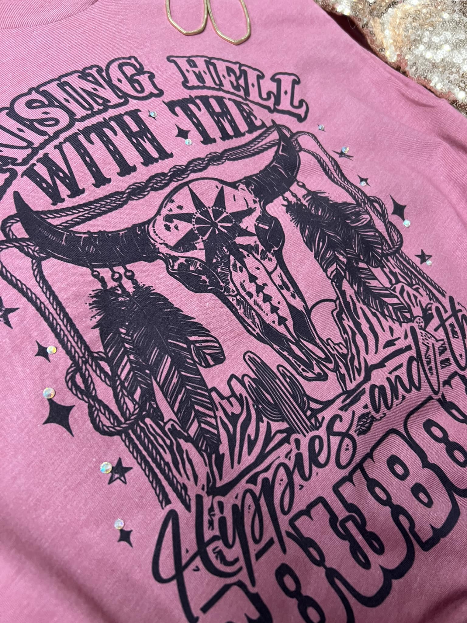 *EMBELLISHED* Raising Hell With The Hippies And The Cowboys Next Level  Mauve Tee