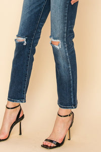 HIGH RISE STRETCH DISTRESSED ANKLE STRAIGHT JEANS