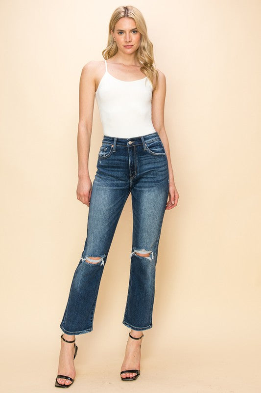 HIGH RISE STRETCH DISTRESSED ANKLE STRAIGHT JEANS