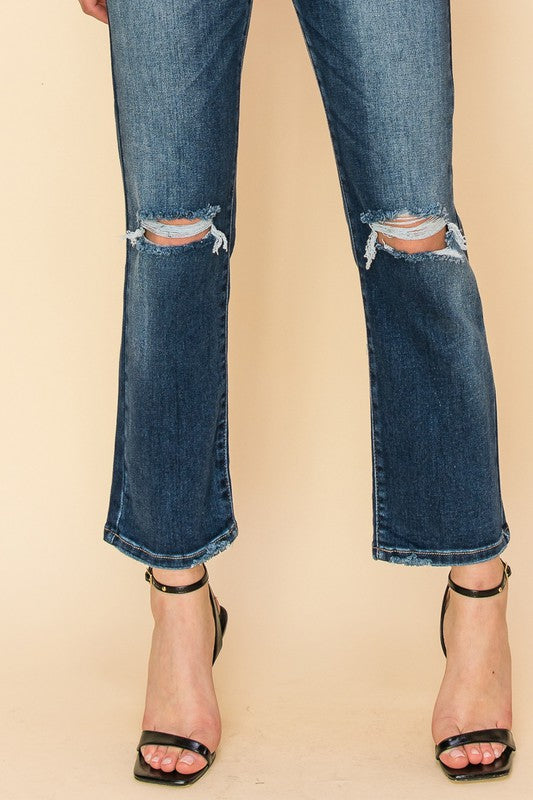 HIGH RISE STRETCH DISTRESSED ANKLE STRAIGHT JEANS