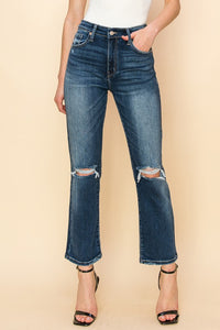 HIGH RISE STRETCH DISTRESSED ANKLE STRAIGHT JEANS