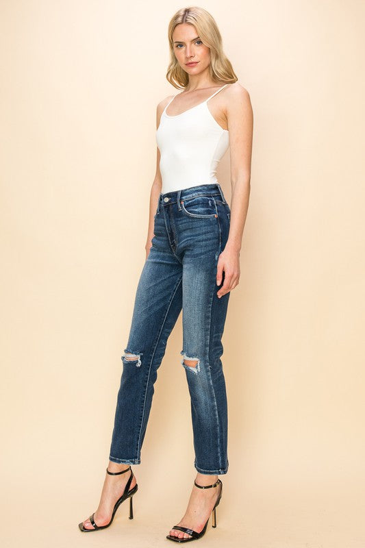 HIGH RISE STRETCH DISTRESSED ANKLE STRAIGHT JEANS