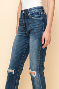 HIGH RISE STRETCH DISTRESSED ANKLE STRAIGHT JEANS