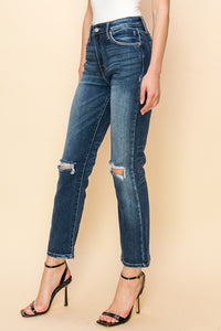 HIGH RISE STRETCH DISTRESSED ANKLE STRAIGHT JEANS
