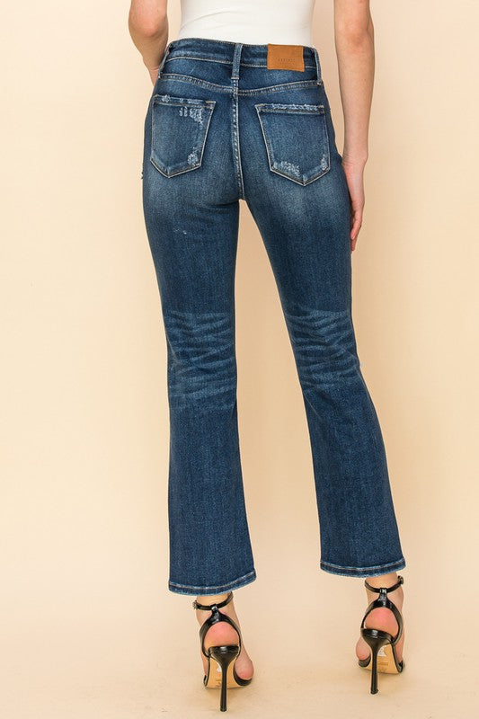 HIGH RISE STRETCH DISTRESSED ANKLE STRAIGHT JEANS