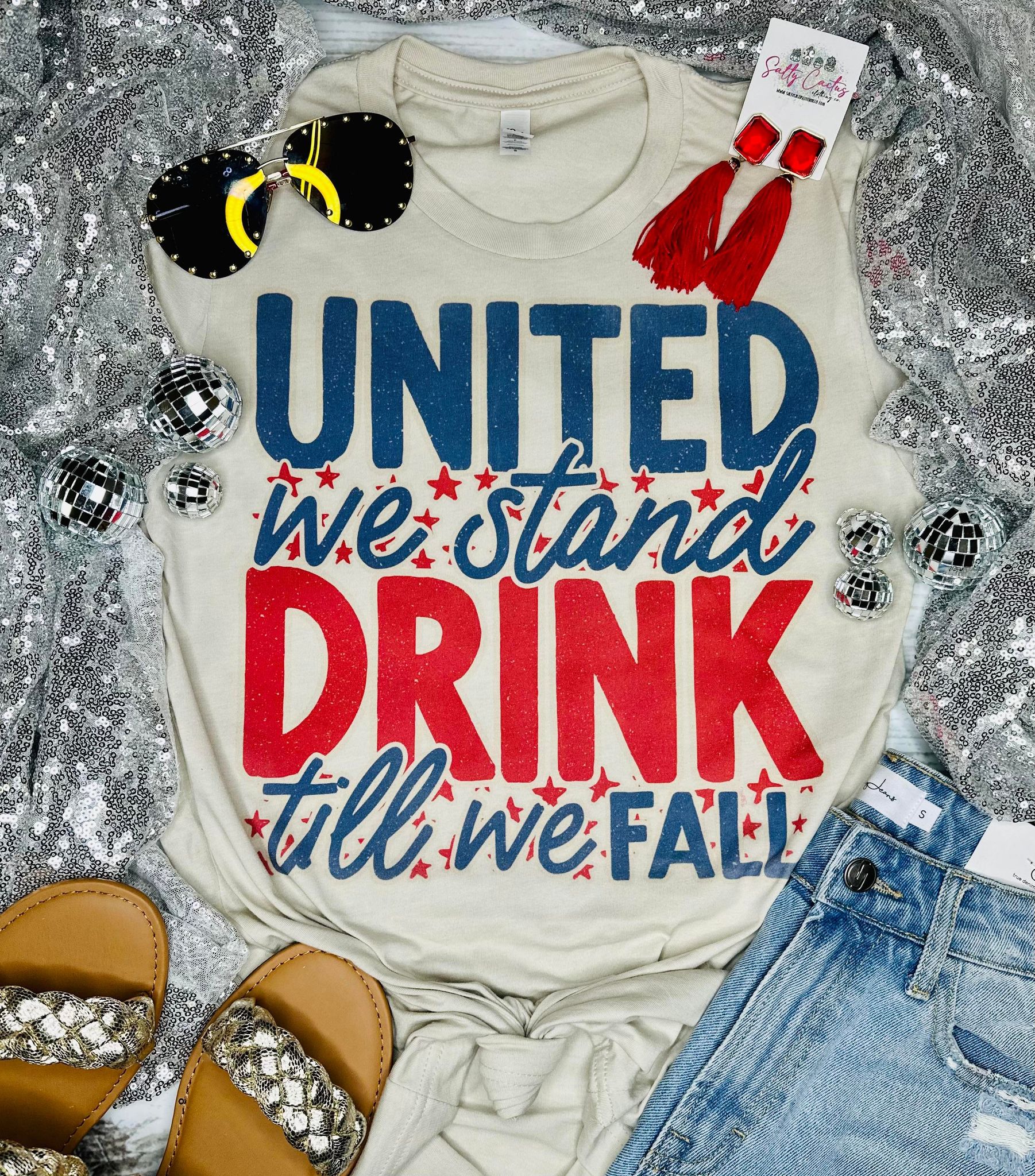 United We Stand Drink Till We Fall Tan Tee
