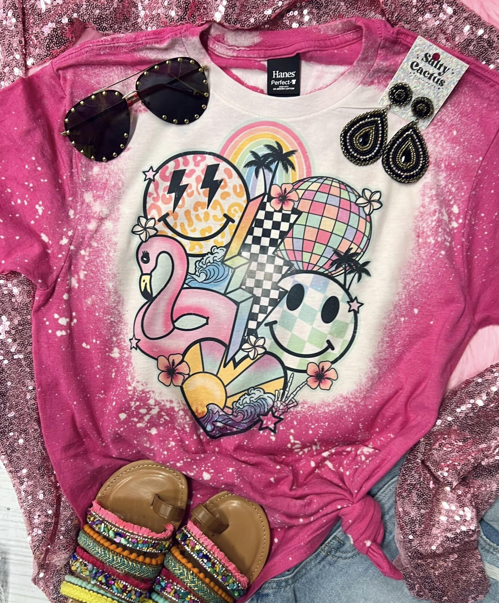Retro Summer Smiley Pink Bleached Tee