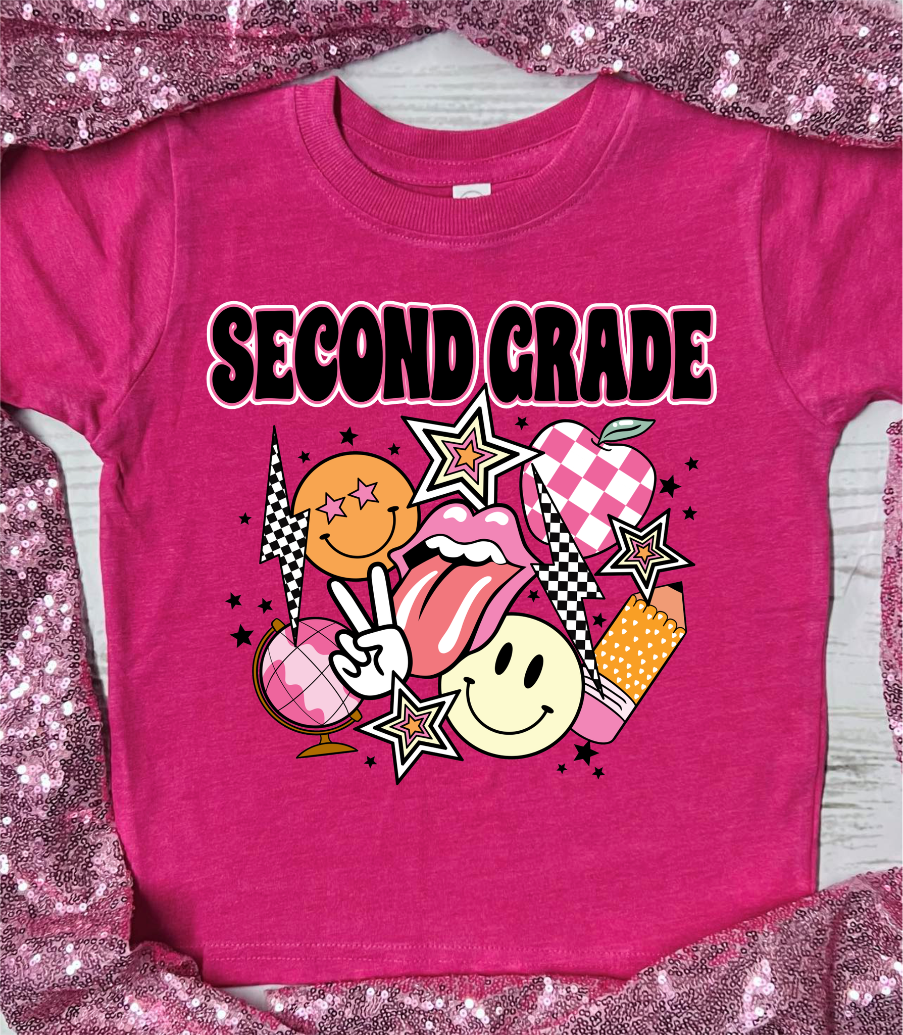 *DTG* Pink School Grade Collage Tongue Bolt on Pink Tees