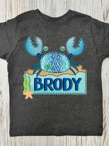 **DTF** Kids Crab Custom Name Dark Grey Tee