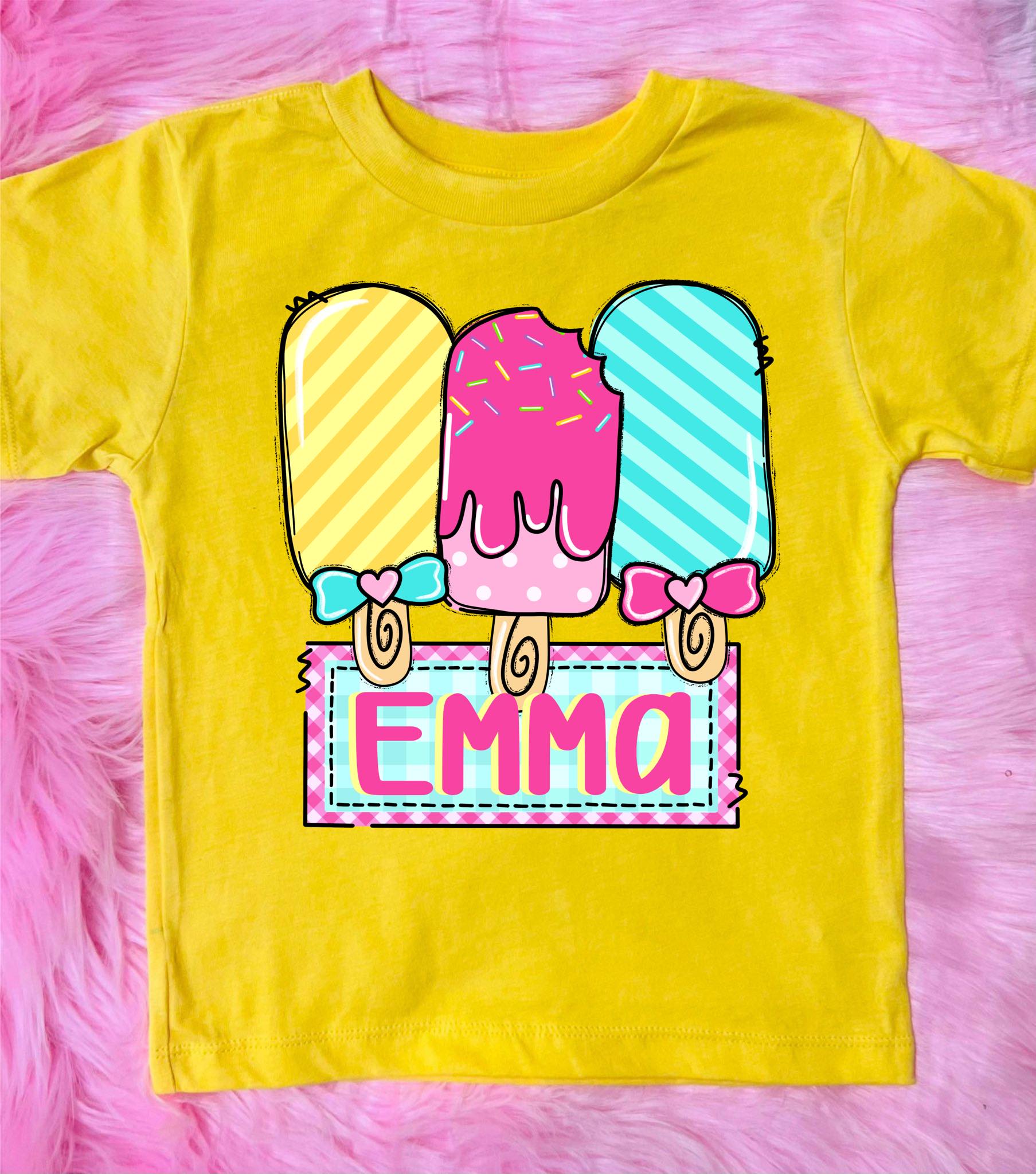 **DTF** Kids Popsicle Custom Name Yellow Tee