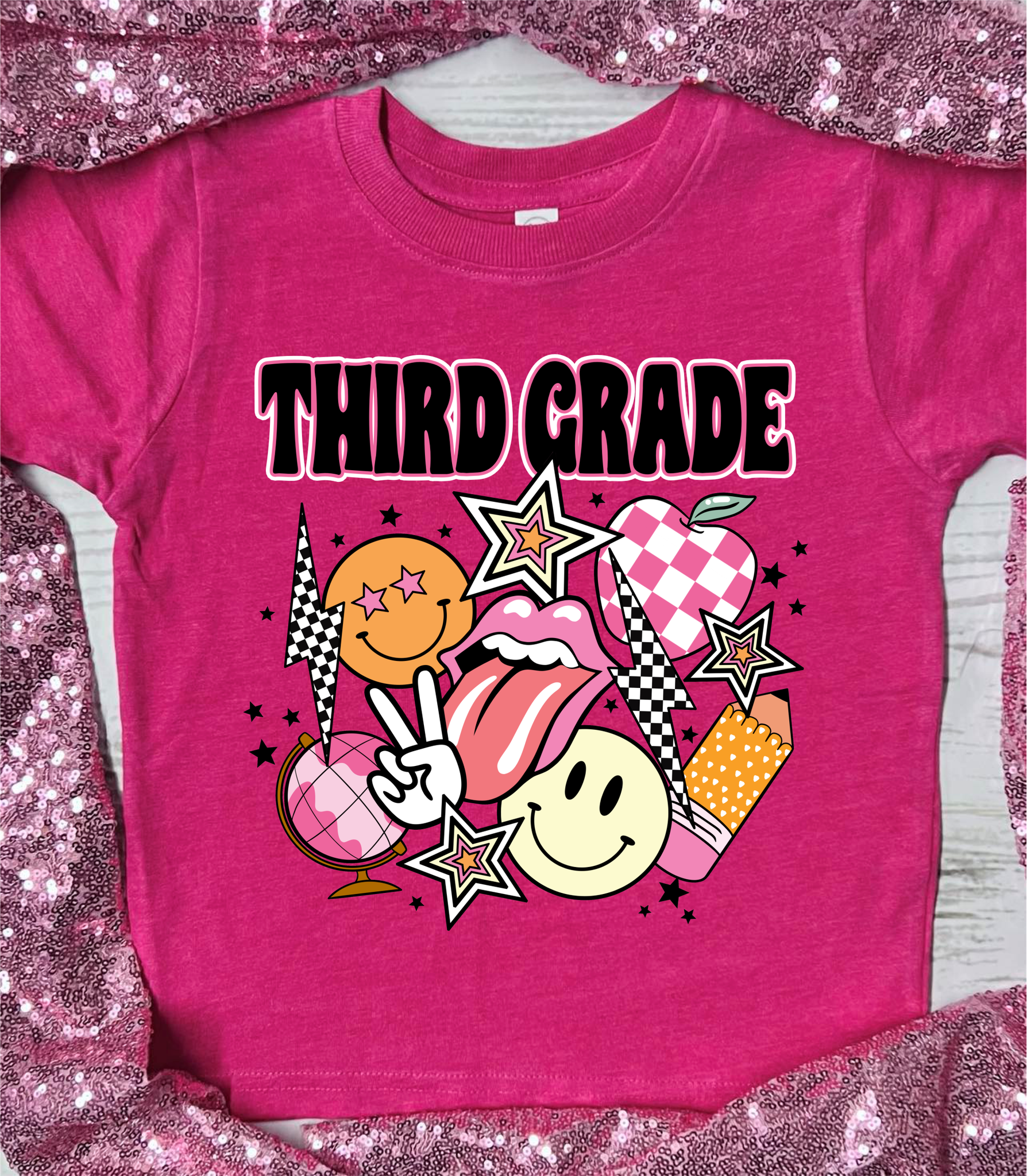 *DTG* Pink School Grade Collage Tongue Bolt on Pink Tees