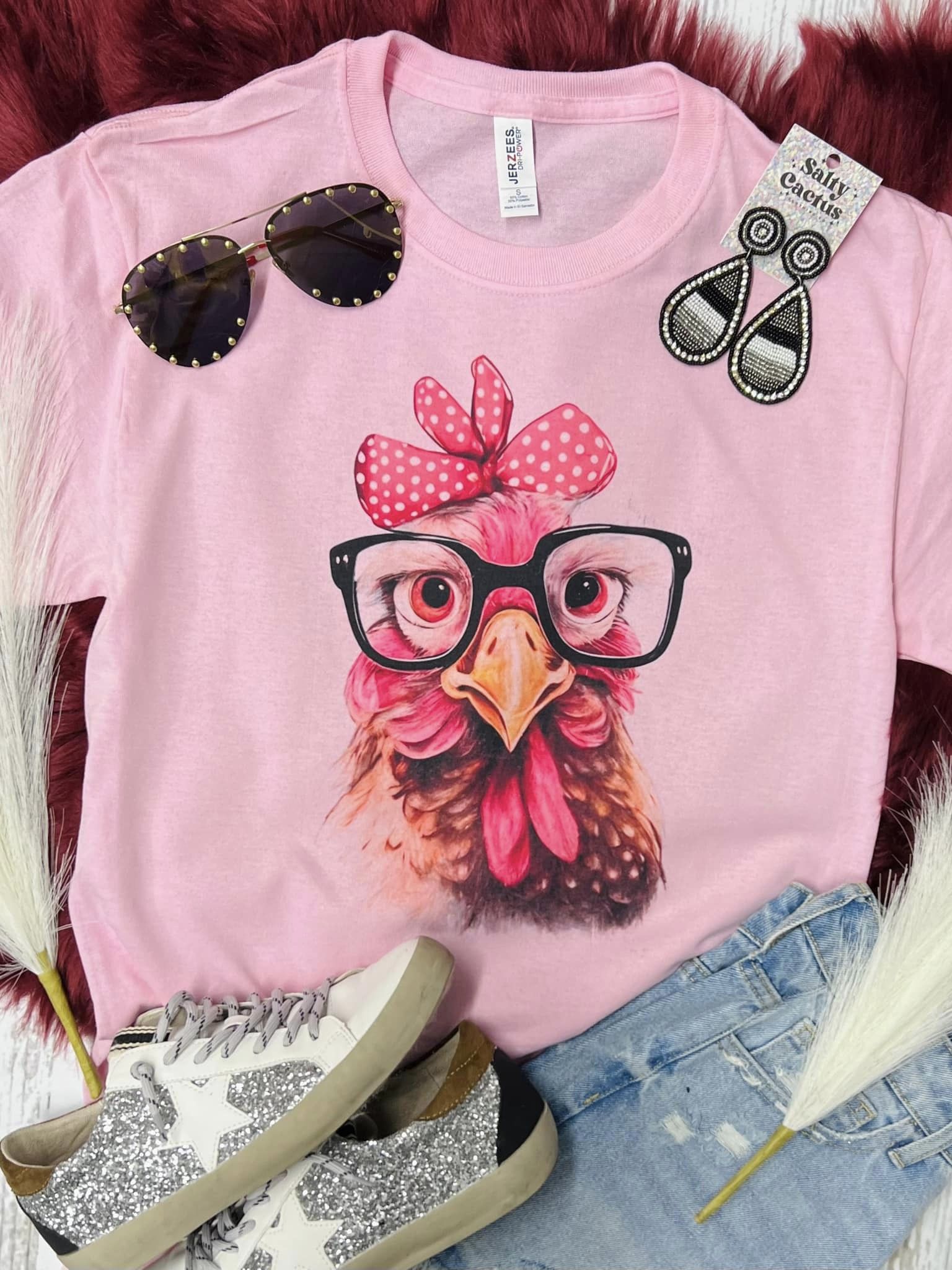 Chicken Face With Glasses on Baby Pink Tee