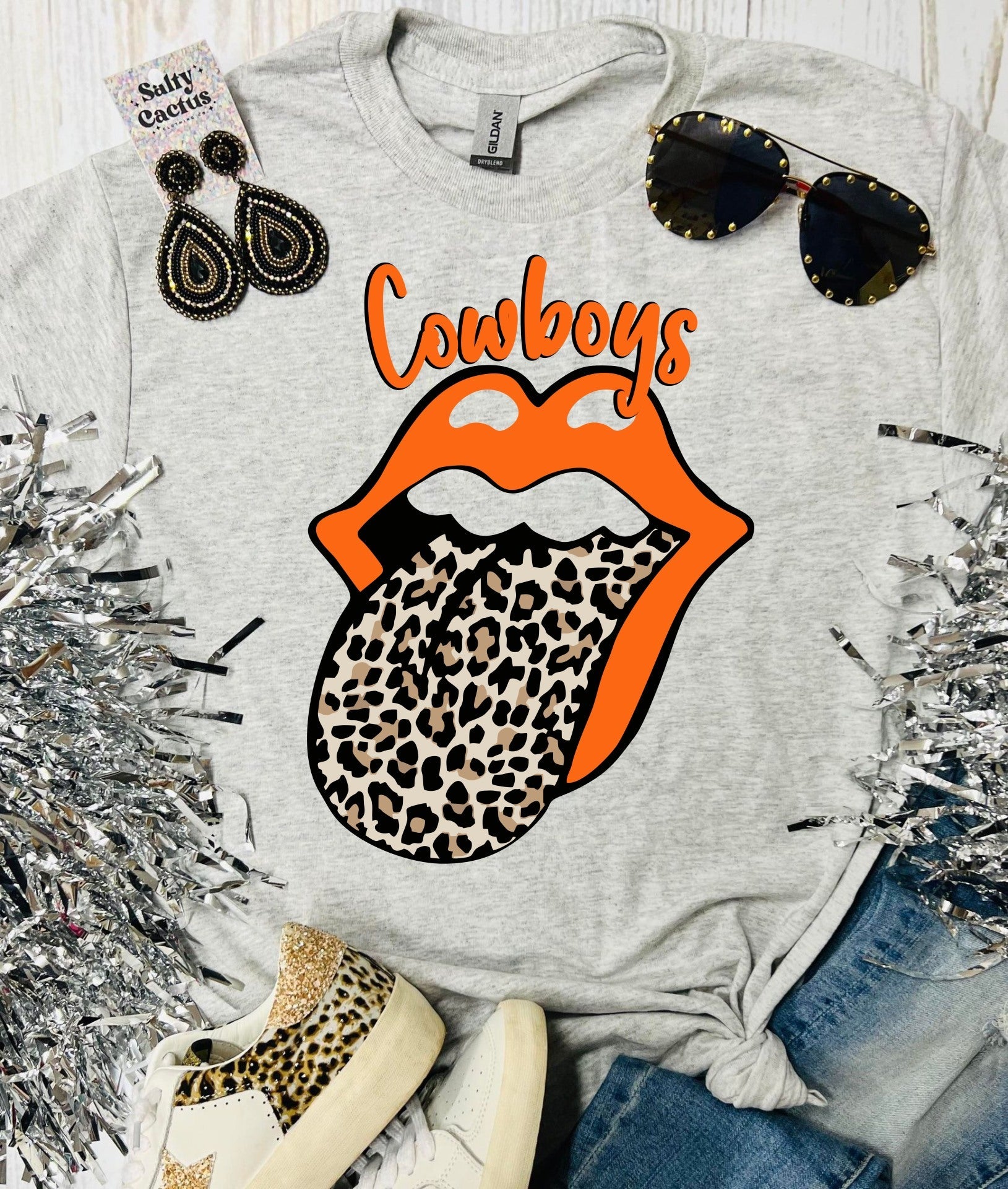 Leopard Tongue Cowboys Orange Design on Ash Grey Tee