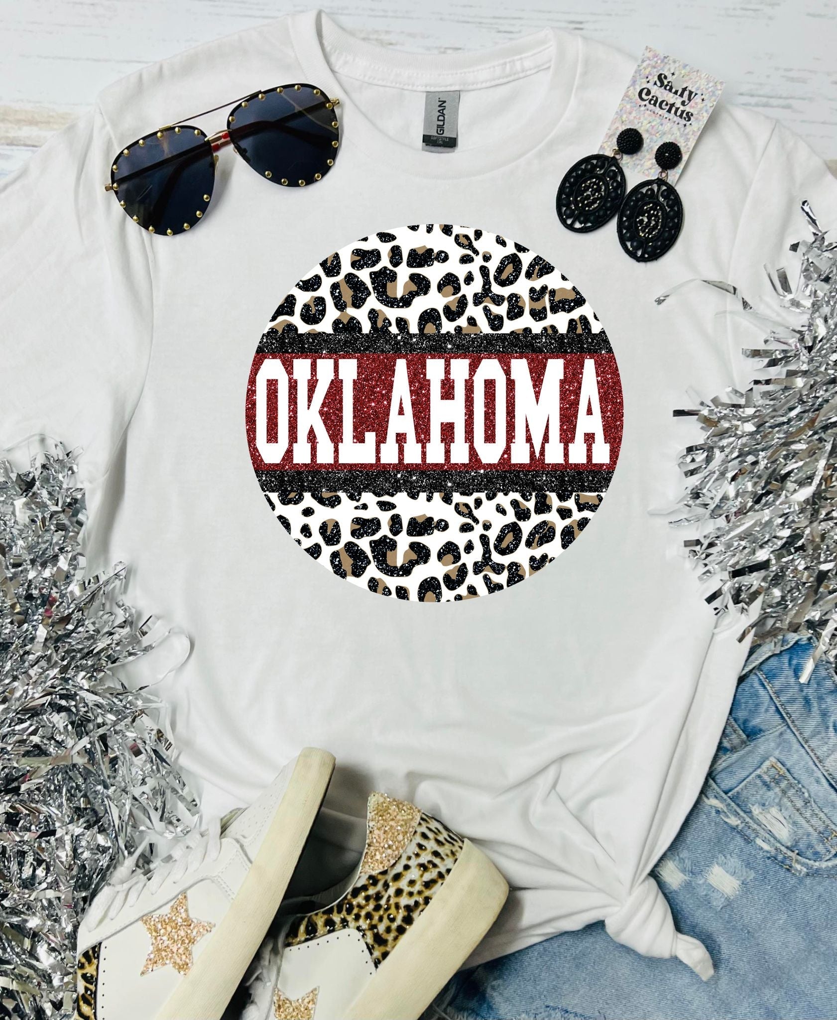 Oklahoma Glitter Leopard Circle White Tee