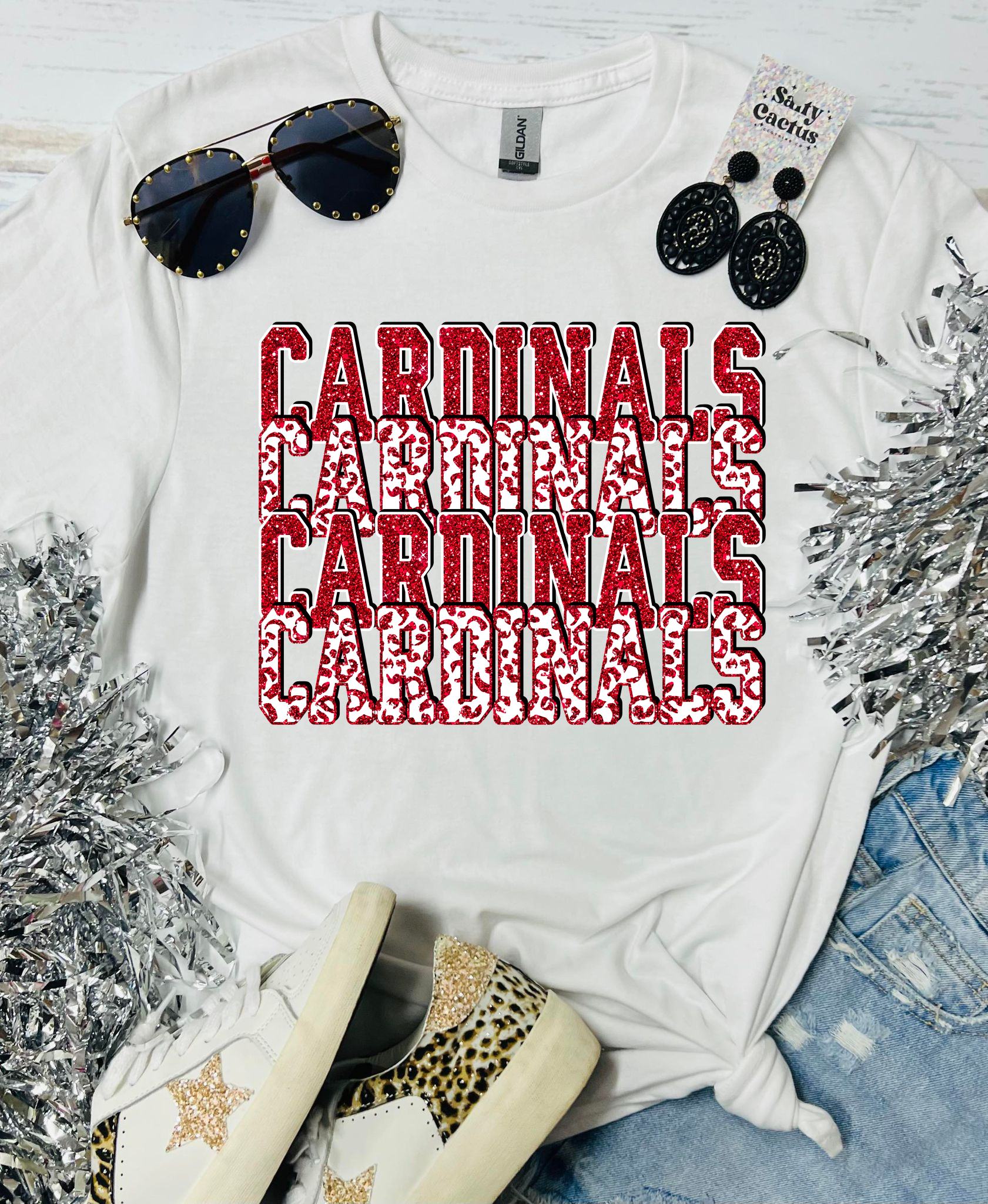 Cardinals Red Glitter Stacked WHITE TEE
