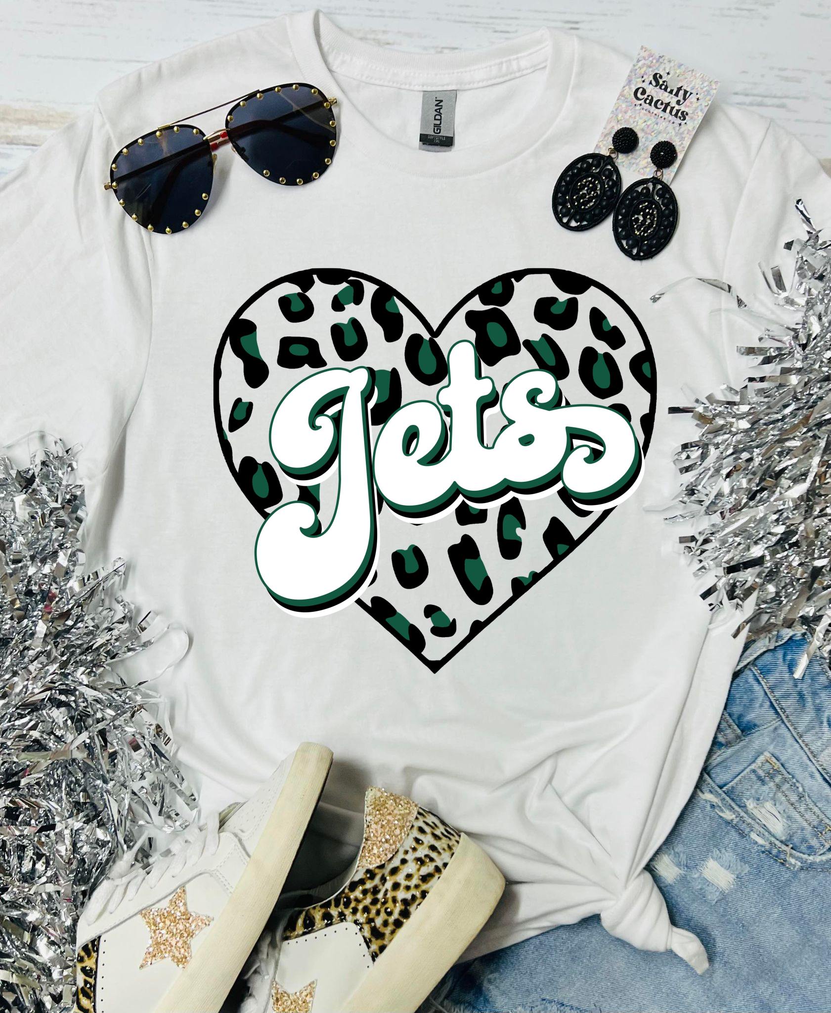 Jets Heart Leopard White Tee