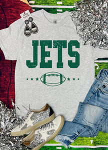 Jets Distressed Football with Stars Ash Grey Tee