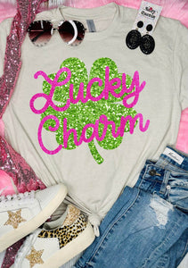 Lucky Charm Glitter Cover Pink Tan Tee