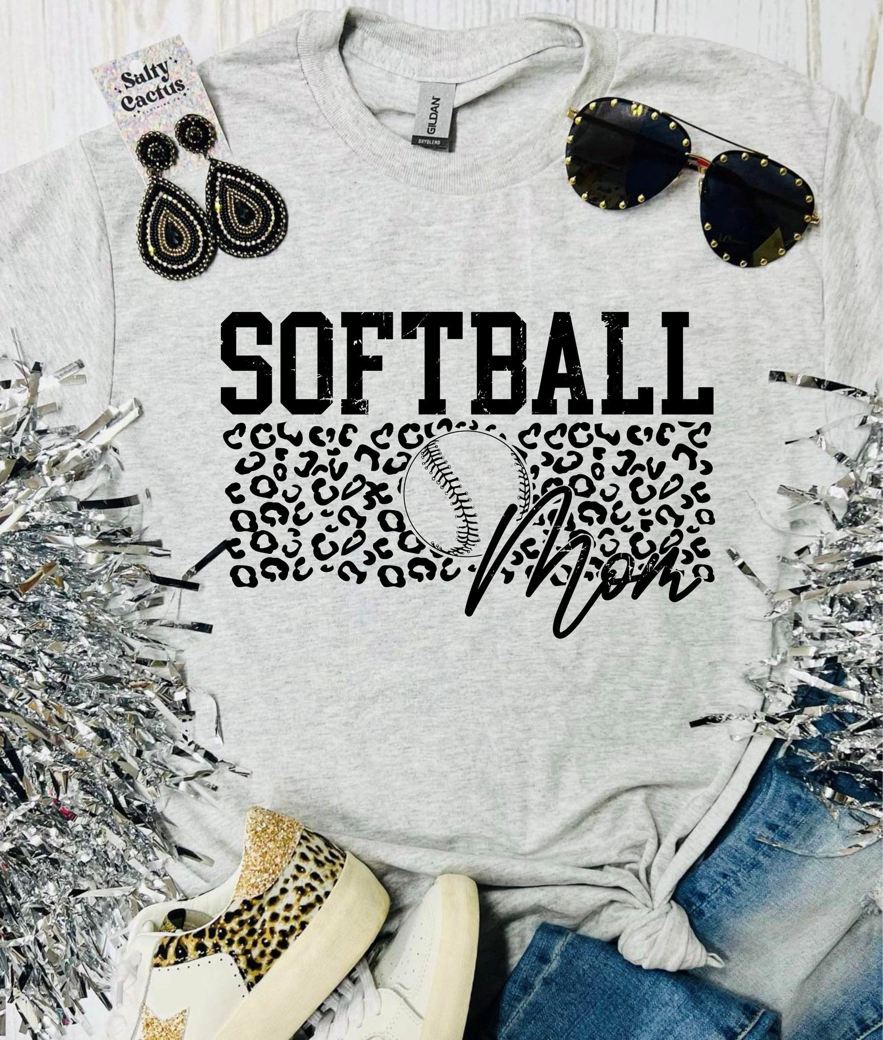 *9.99 Sale* Softball Mom Leopard Print Ash Grey Tee