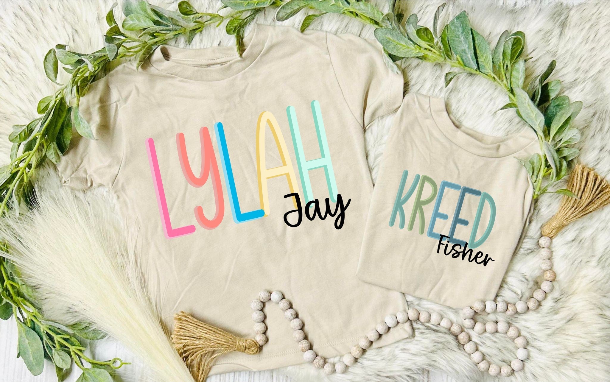 *DTF* Colorful Custom First and Middle Name Tan Tee
