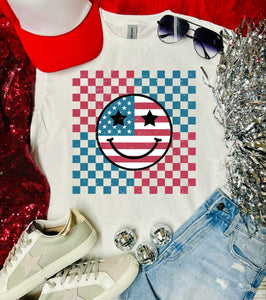 American Flag Smiley Checkered Retro White Tee