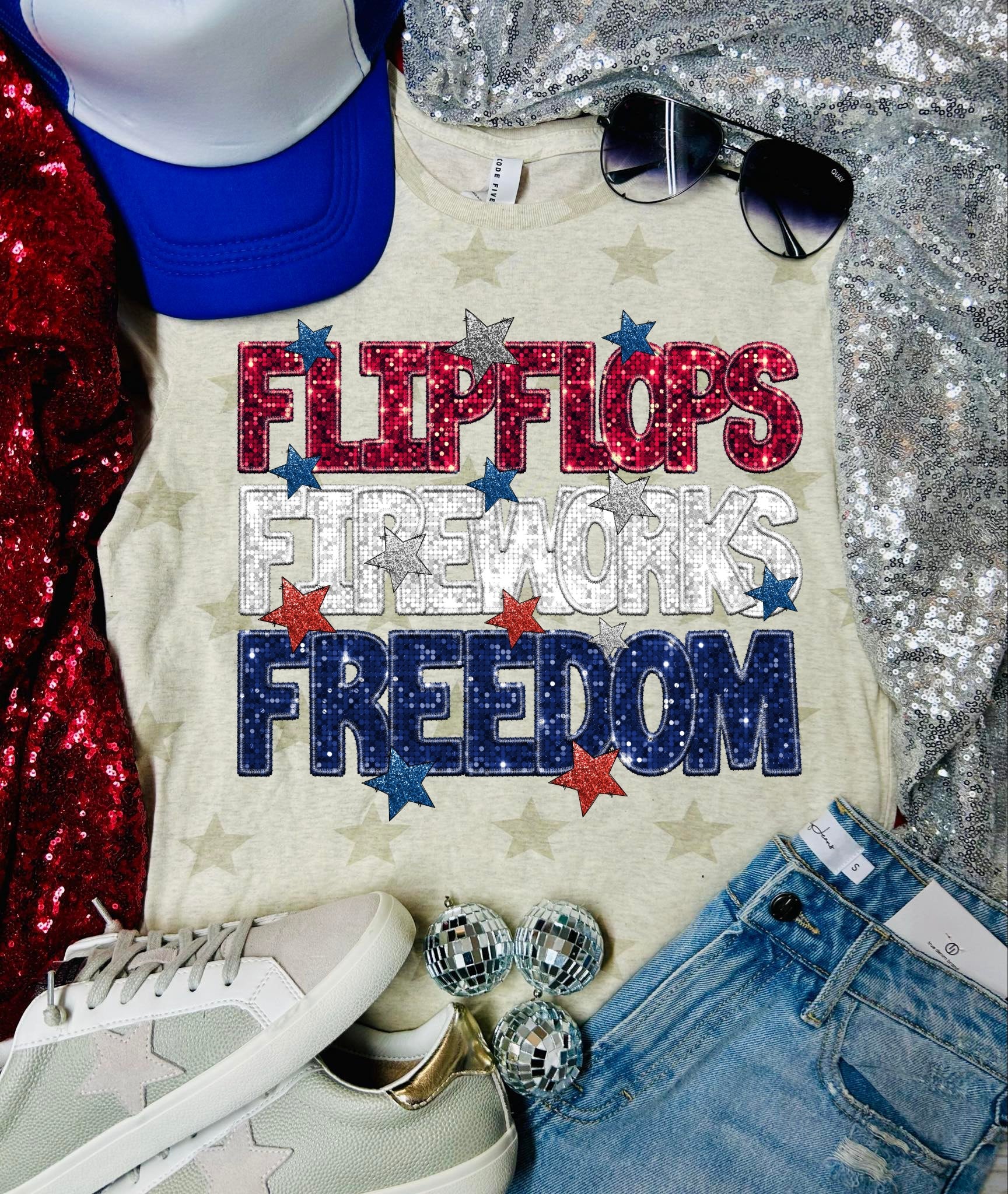 *DTF* FlipFlops Fireworks Freedom Natural Code Five Star Tee