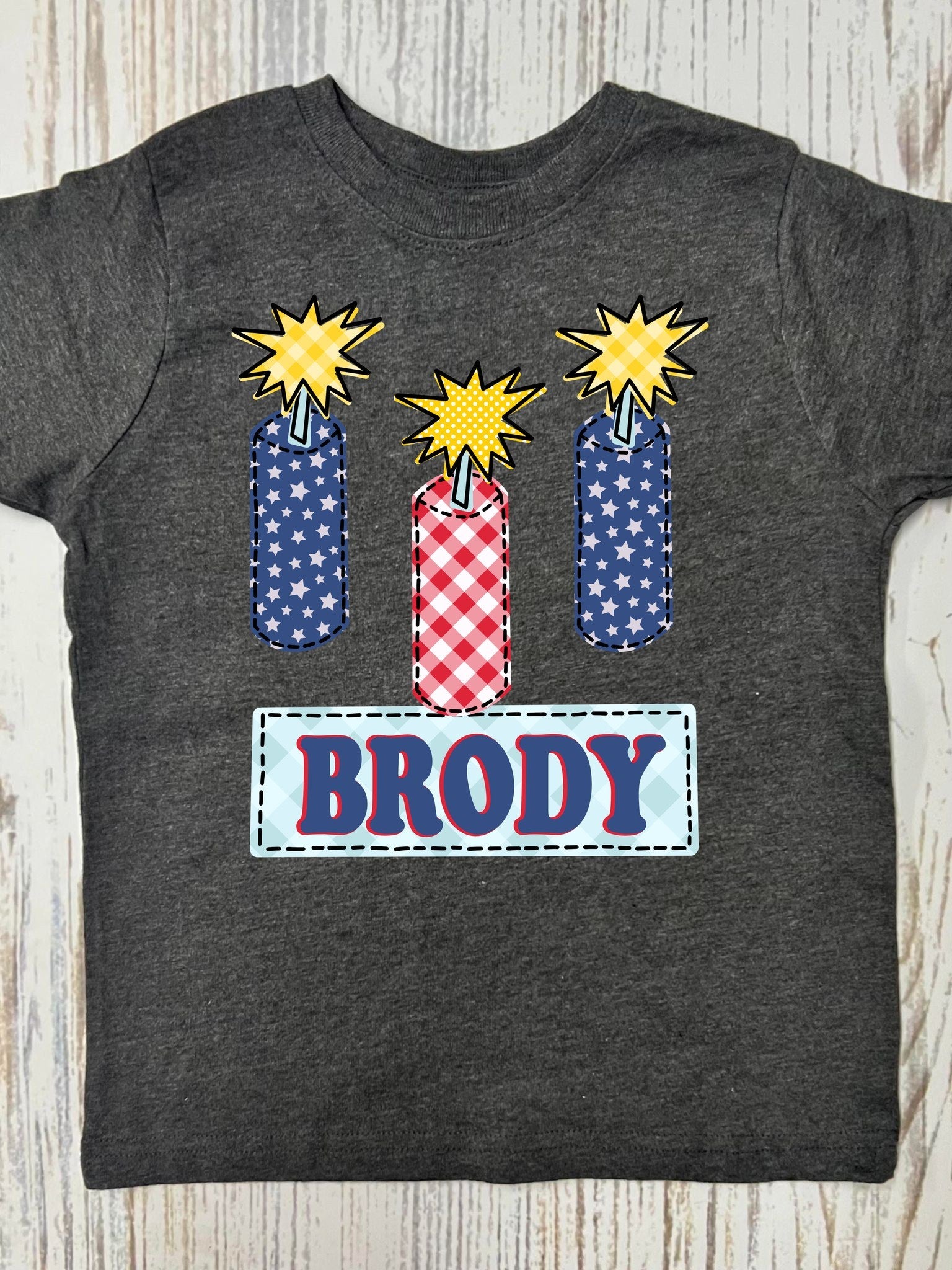 *DTF* Firecracker Boys Custom Name Dark Grey Tee