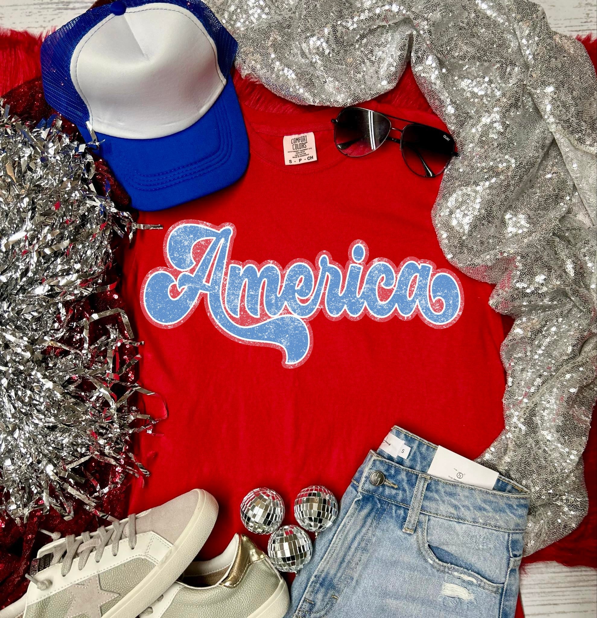 *DTF* America Distressed Red Comfort Color Tee