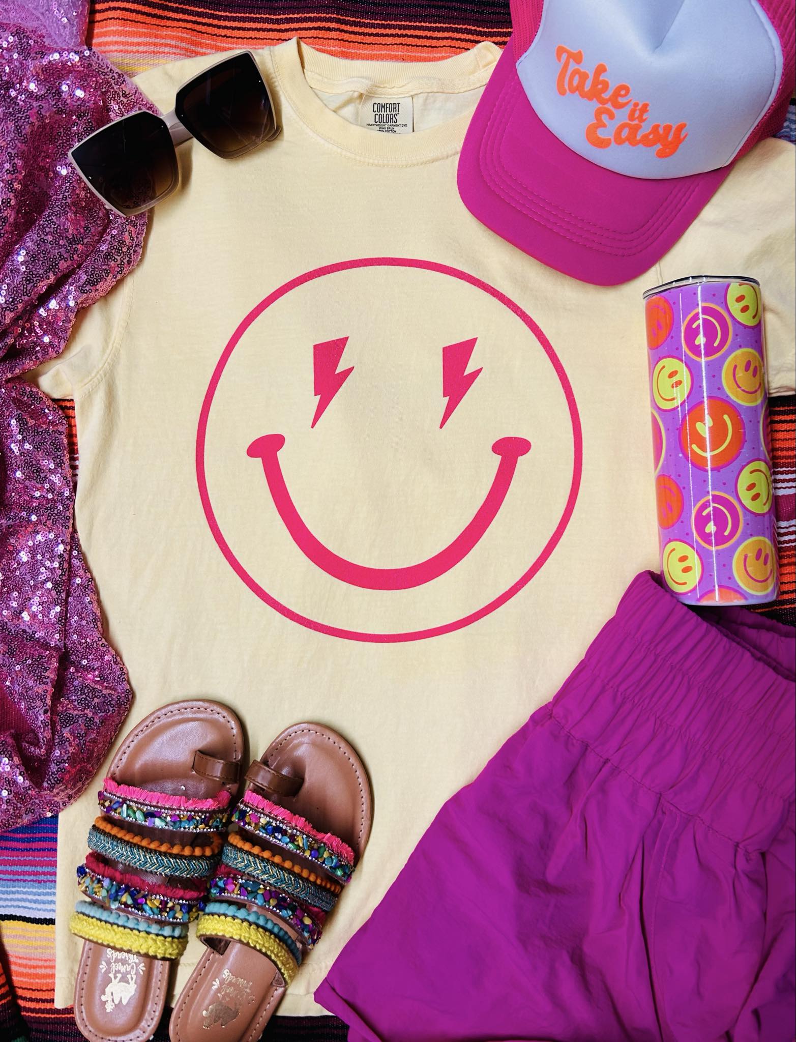 *SP* Neon Pink Smiley Bolt Butter Comfort Color Tee