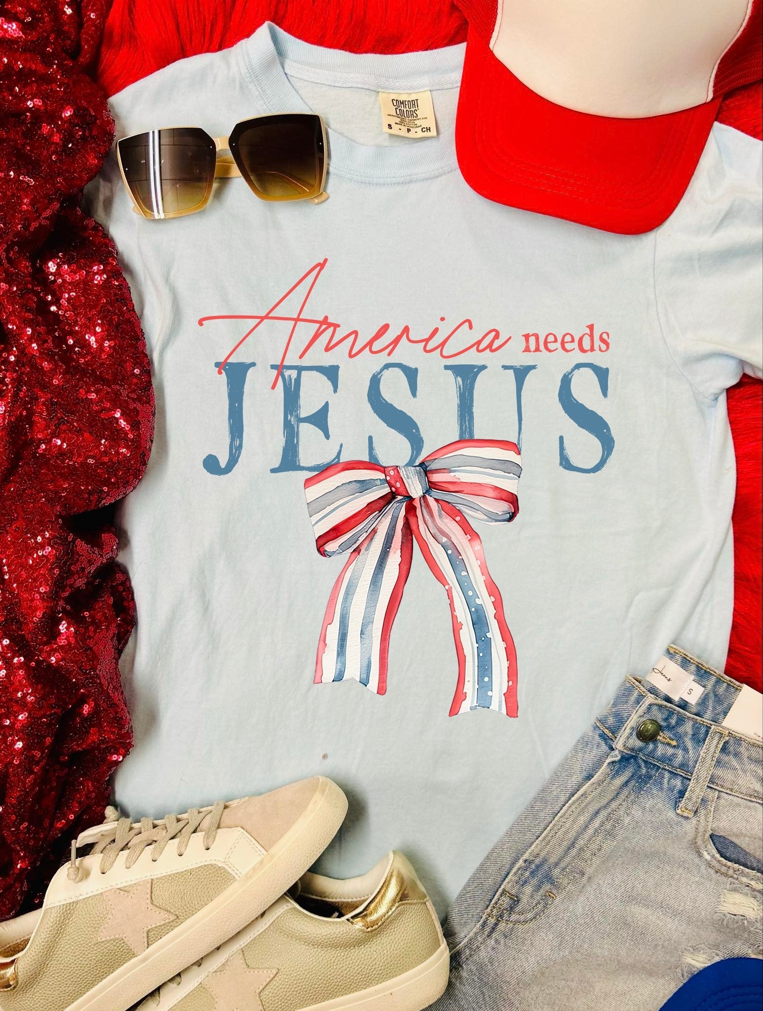 *DTF* America Needs Jesus Chambray Comfort Color Tee