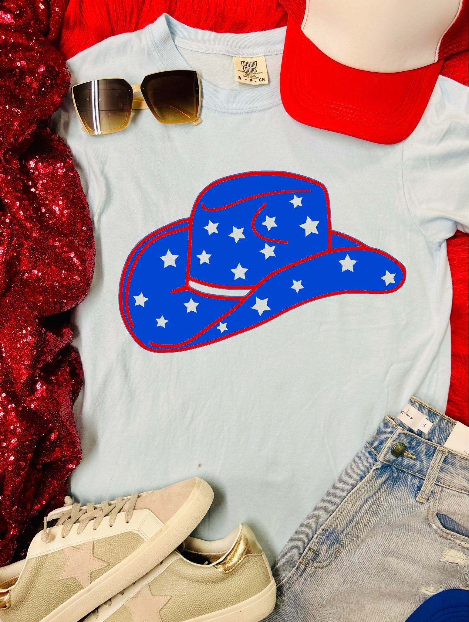 *DTF* Disco Patriot Hat Chambray Comfort Color Tee