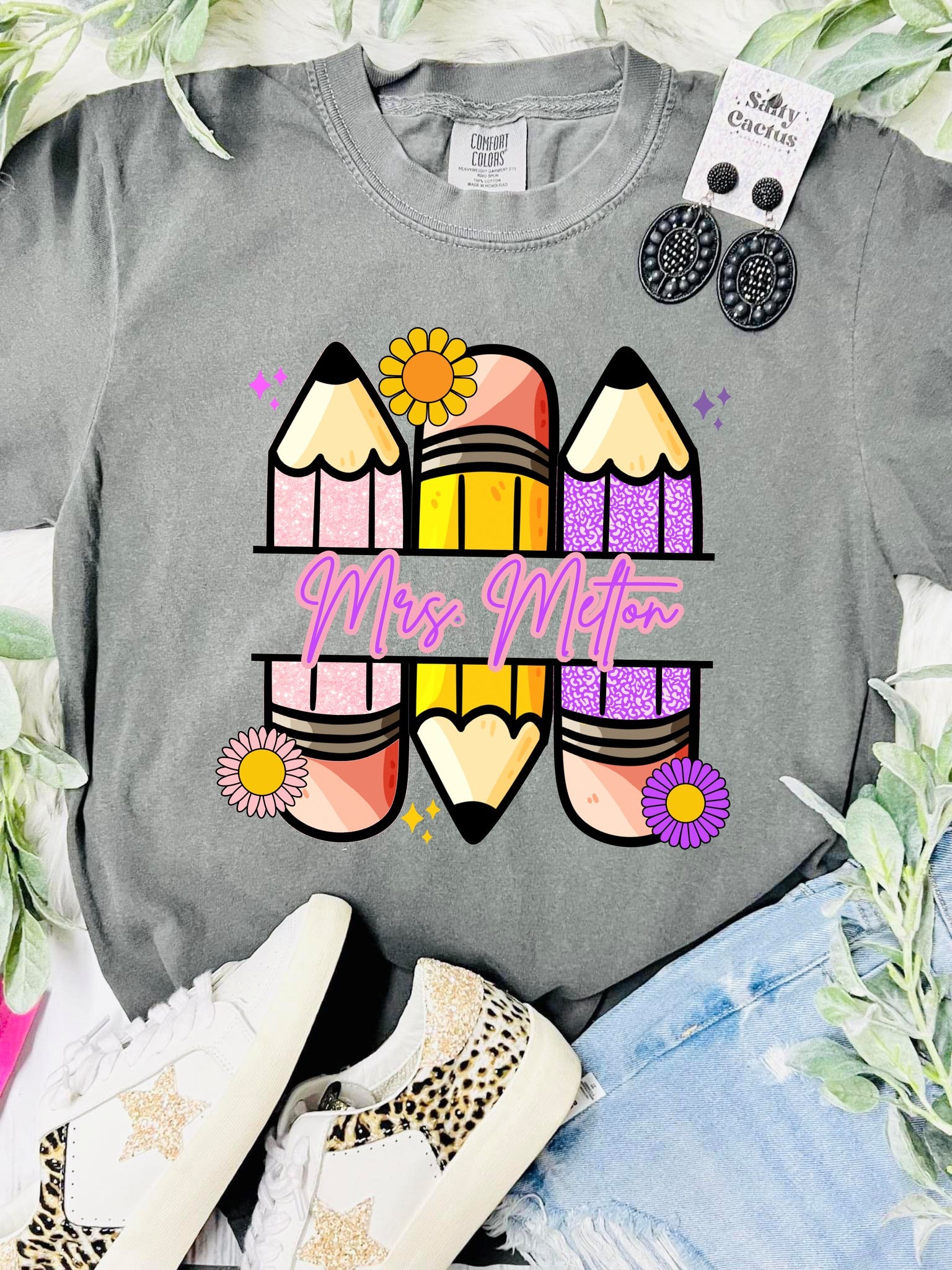 *DTF* Groovy Retro Custom Name Pencil Granite Comfort Color