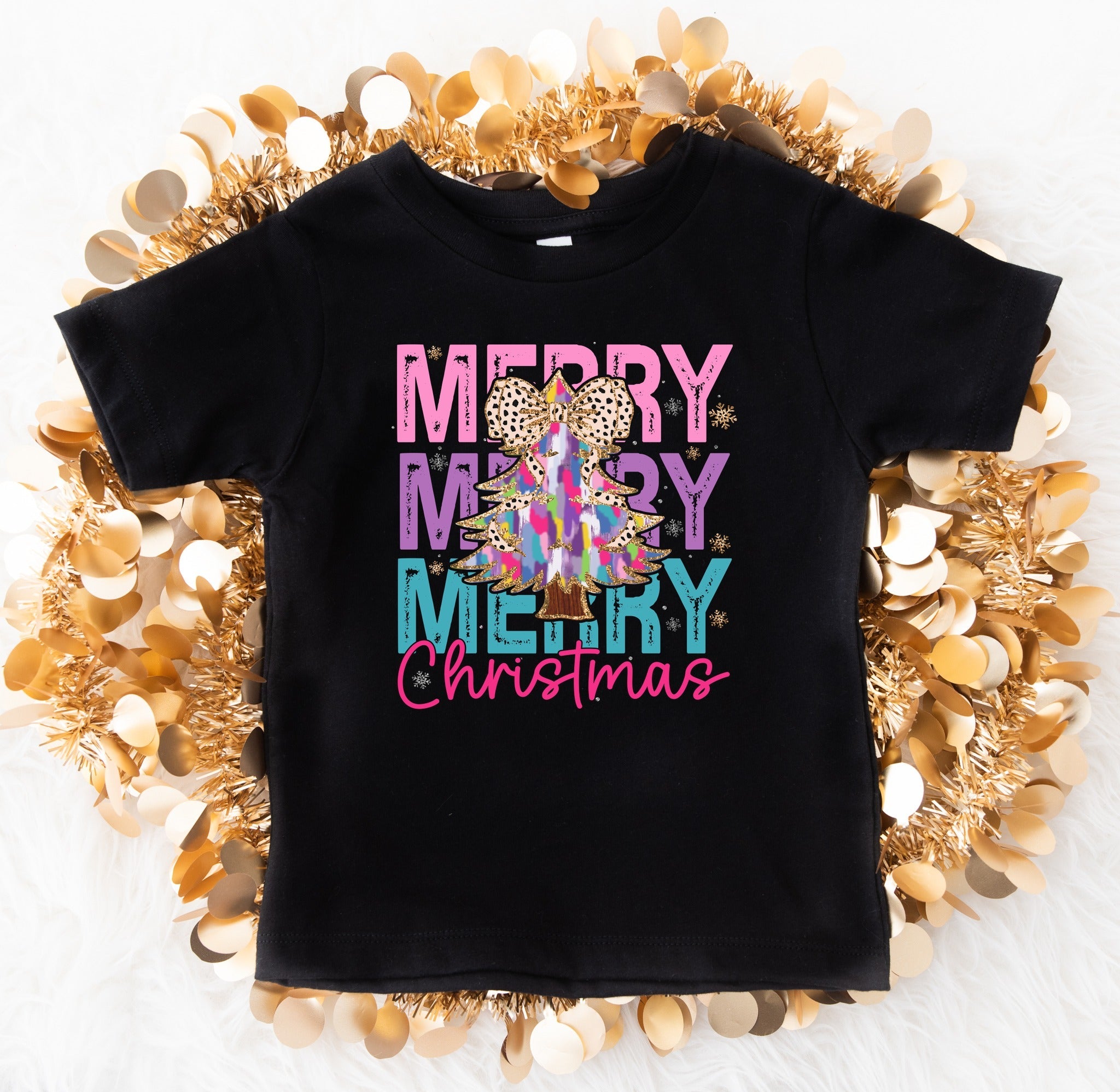 *DTF* Bright Colors Merry Merry Christmas Black Tee