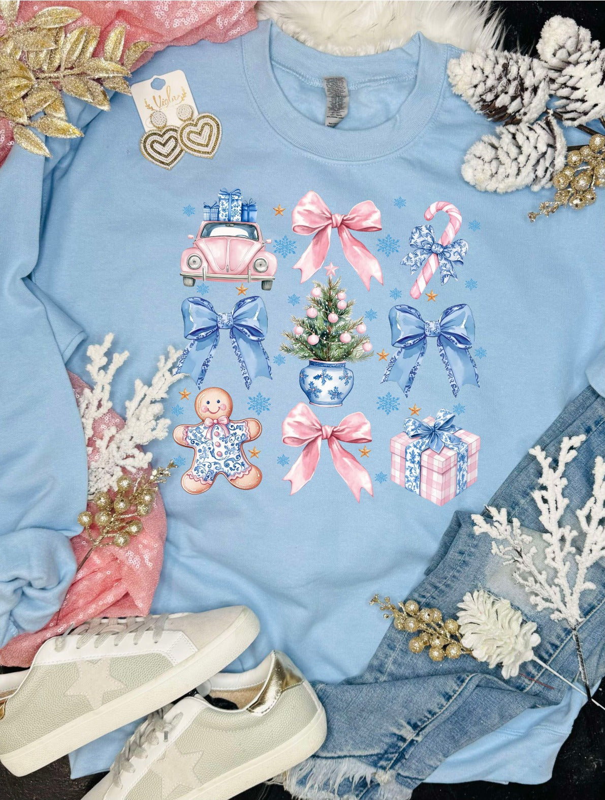 *DTF* Christmas Blue and Pink Icons Baby Blue Sweatshirt