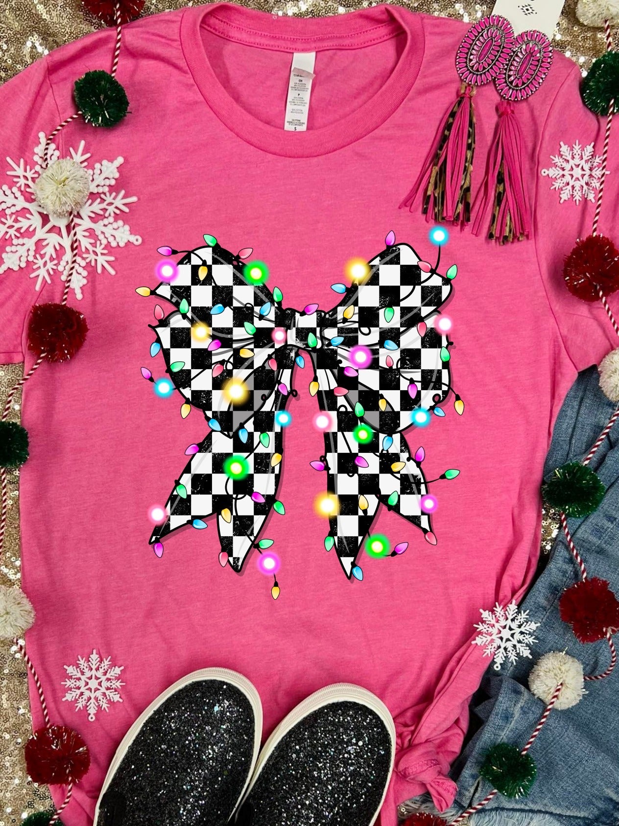 *DTF* Christmas Lights Checkered Bow Charity Pink Tee