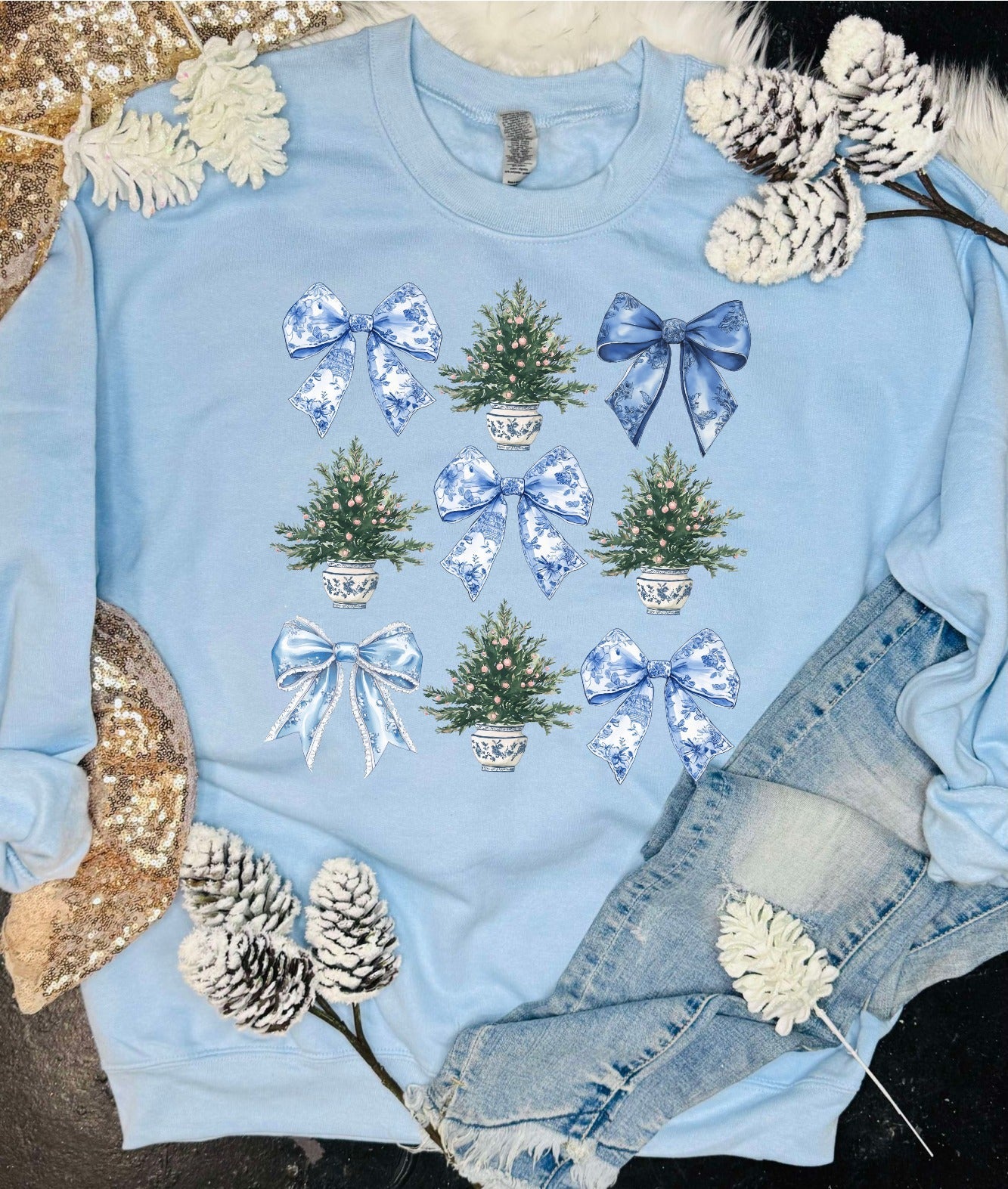 *DTF* Christmas Blue Bows Baby Blue Sweatshirt