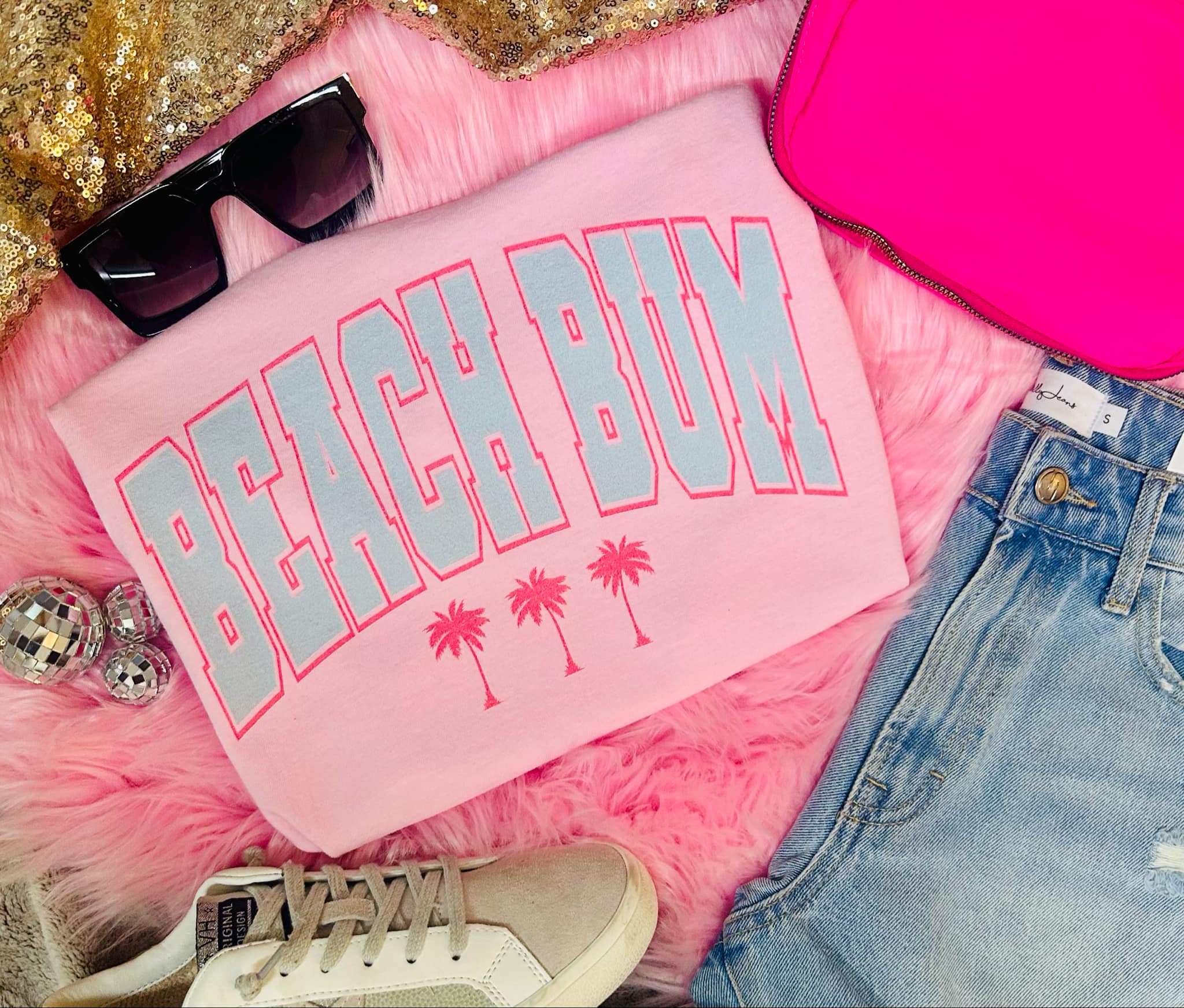 *DTF* Beach Bum Pink Palm Trees Baby Pink Tee