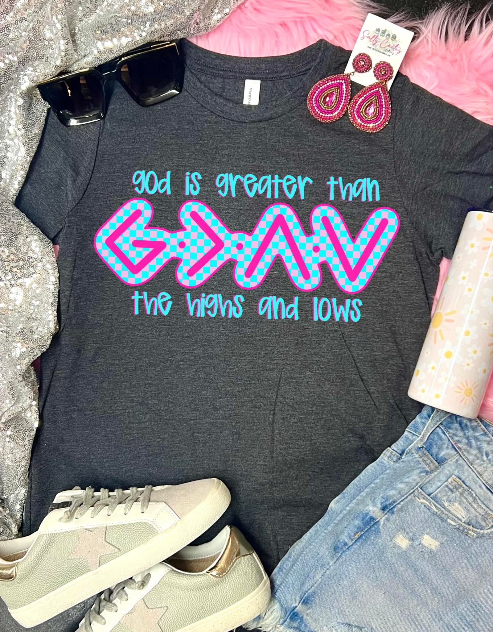 *DTF* God is Greater than the Highs Pink Heather Charcoal Tee