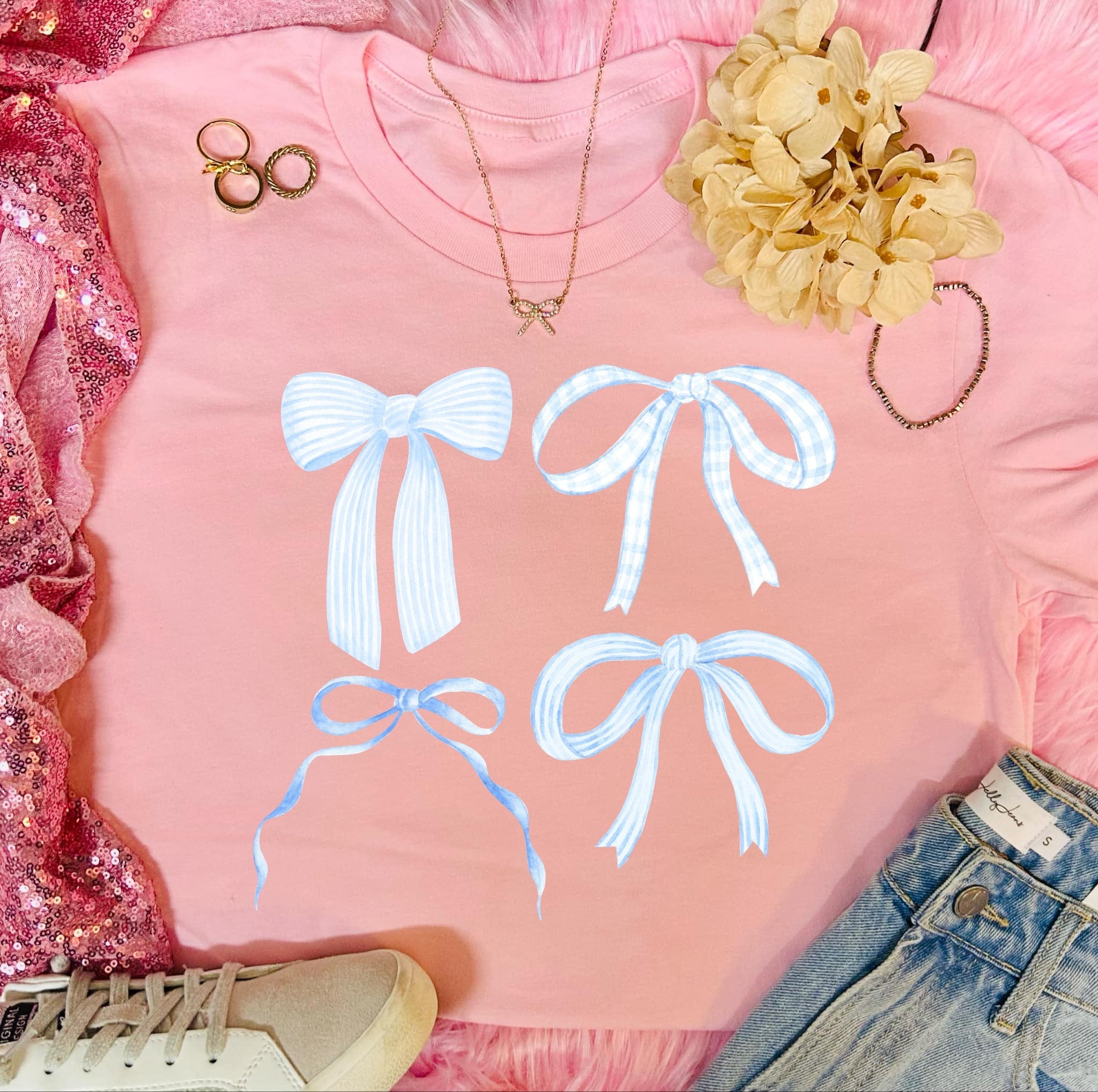 *DTF* Blue Bows Baby Pink Tee