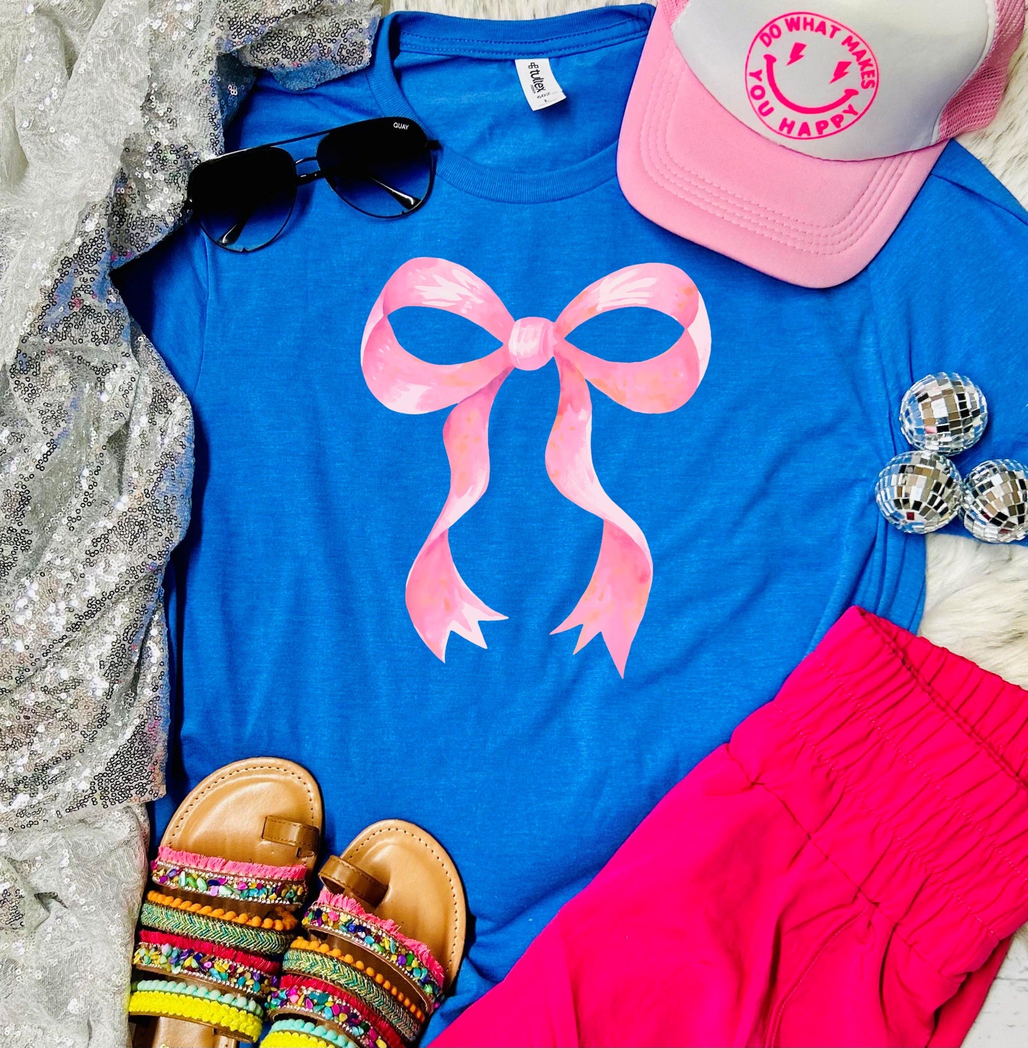 *DTF* Coquette Pink Bow Neon Blue Tee