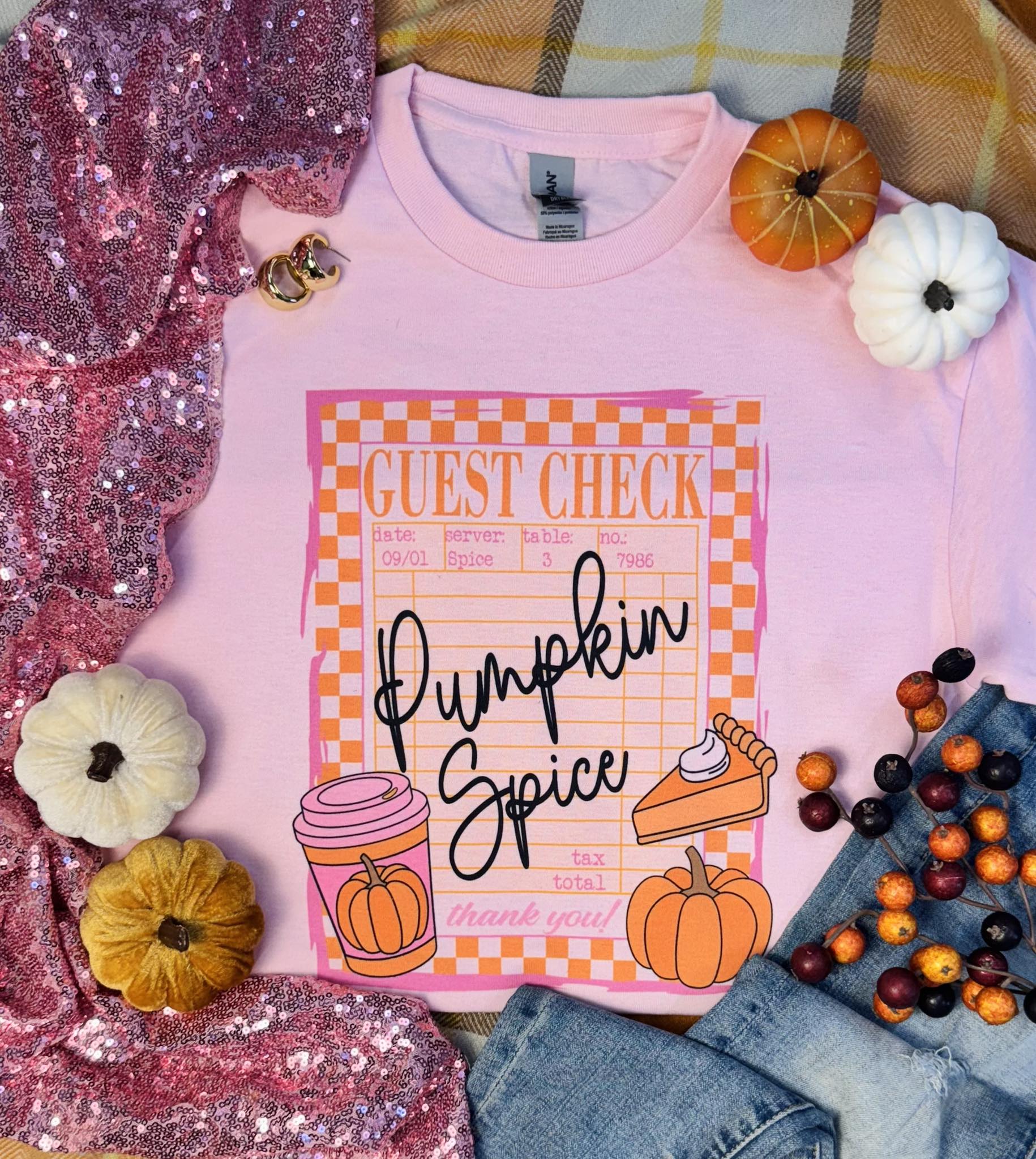 Pumpkin Season Guest Check Baby Pink Tee