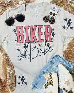 Biker Babe with Star Patches Stone Grey Tee