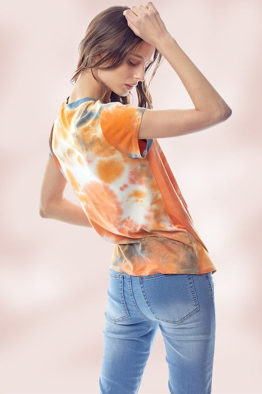 Tie Dye Jersey Top with Crew Neck Twist Hem