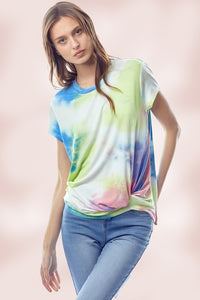 Tie Dye Jersey Top with Crew Neck Twist Hem