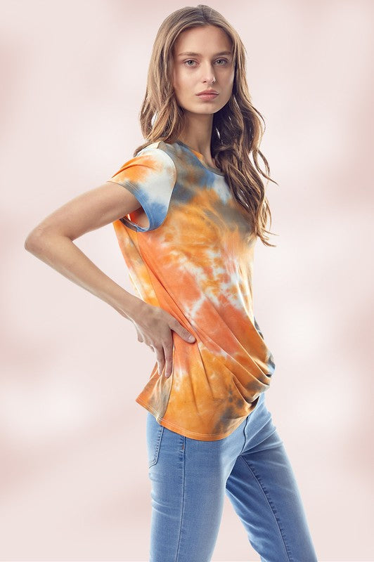 Tie Dye Jersey Top with Crew Neck Twist Hem
