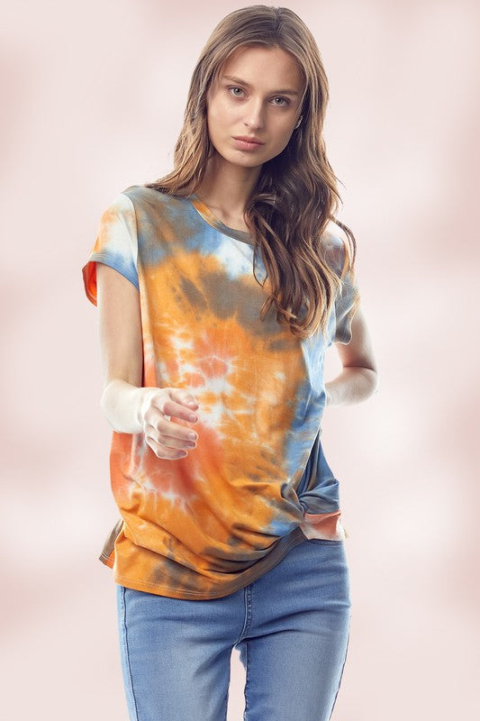 Tie Dye Jersey Top with Crew Neck Twist Hem