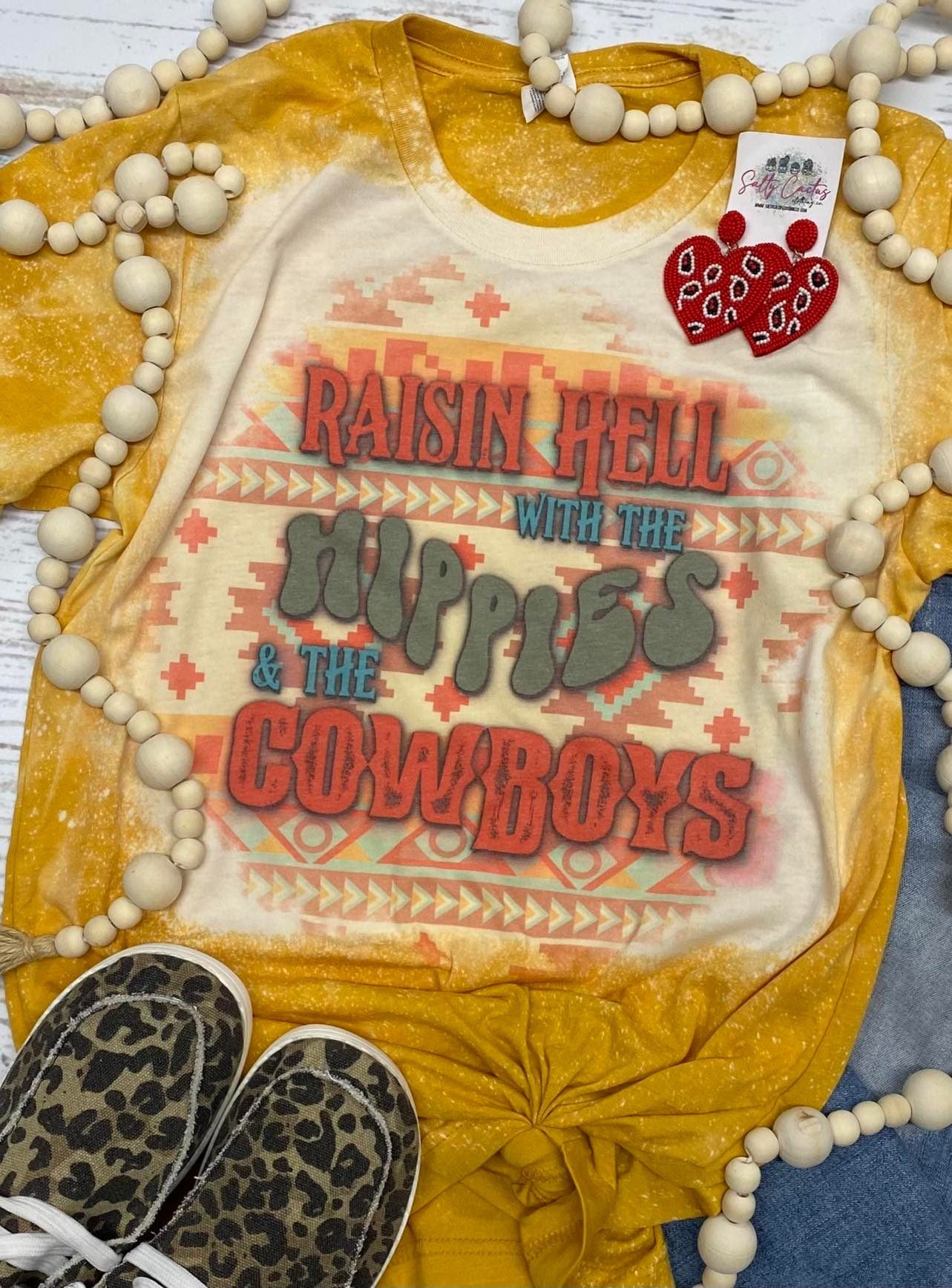 Raisin Hell With The Hippies & the Cowboys Mustard Bleached Tee